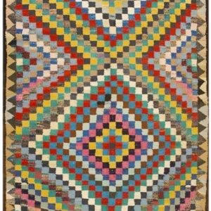 1930s Antique Multicolor Diamond Turkish Village Kilim Runner Flatweave Wool Rug