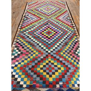 1930s Antique Multicolor Diamond Turkish Village Kilim Runner Flatweave Wool Rug - detail view 1