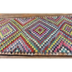 1930s Antique Multicolor Diamond Turkish Village Kilim Runner Flatweave Wool Rug - detail view 6