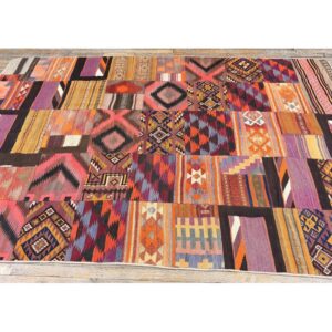1930s Antique Multicolor Geometric Tribal Turkish Village Kilim Flatweave Rug - detail view 2