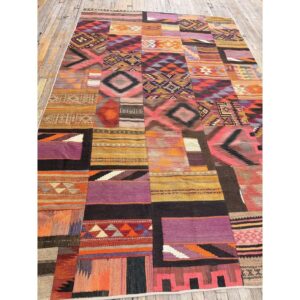 1930s Colorful Geometric Antique Gallery Scale Turkish Kilim Flatweave Rug - detail view 5