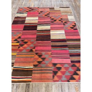1930s Multicolored Field Geometric Antique Turkish Village Kilim Flatweave Rug - detail view 1