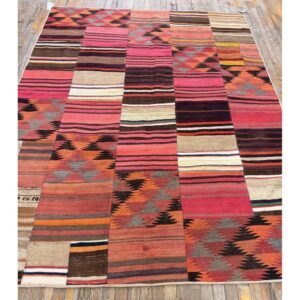 1930s Multicolored Field Geometric Antique Turkish Village Kilim Flatweave Rug - detail view 3
