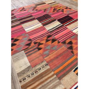 1930s Multicolored Field Geometric Antique Turkish Village Kilim Flatweave Rug - detail view 5