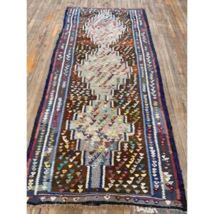 1930s Rustic Brown Field Diamond Tribal Antique Turkish Village Kilim Runner Rug - detail view 1