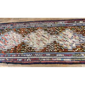 1930s Rustic Brown Field Diamond Tribal Antique Turkish Village Kilim Runner Rug - detail view 2