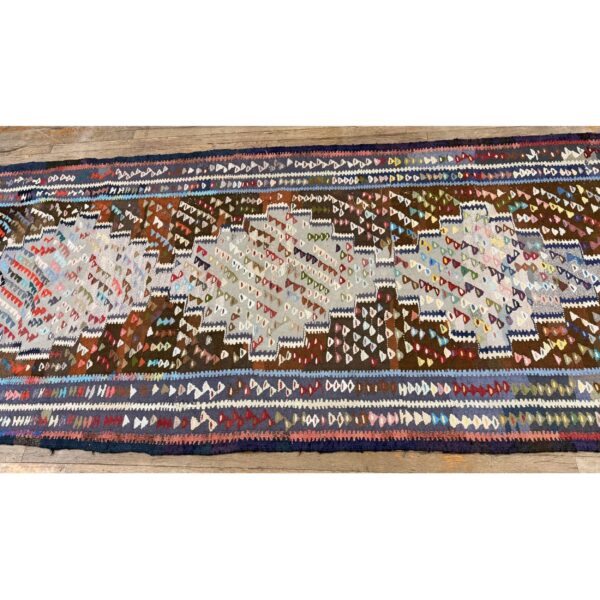 1930s rustic brown field diamond tribal antique turkish village kilim runner rug 3 1930s rustic brown field diamond tribal antique turkish village kilim runner rug - detail view 2