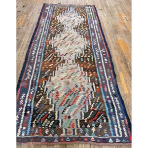 1930s Rustic Brown Field Diamond Tribal Antique Turkish Village Kilim Runner Rug - detail view 3