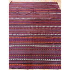 1950s Modern Multicolor Ground Stripe Vintage Turkish Kilim Handwoven Wool Rug - detail view 1