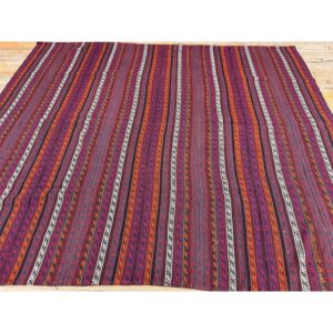 1950s Modern Multicolor Ground Stripe Vintage Turkish Kilim Handwoven Wool Rug - detail view 2