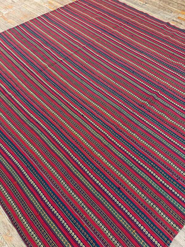 1950s modern multicolor stripe geometric turkish decorative flatweave kilim rug 2 1950s modern multicolor stripe geometric turkish decorative flatweave kilim rug - detail view 1