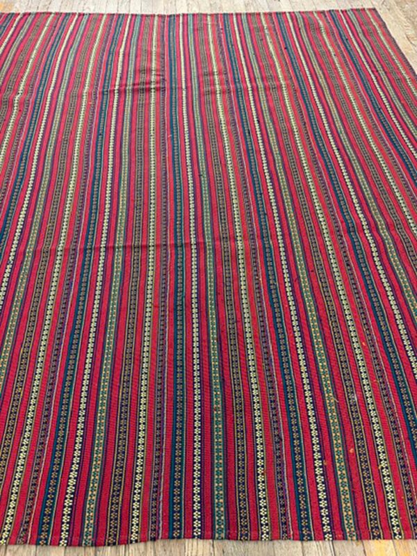 1950s modern multicolor stripe geometric turkish decorative flatweave kilim rug 7 1950s modern multicolor stripe geometric turkish decorative flatweave kilim rug - detail view 6