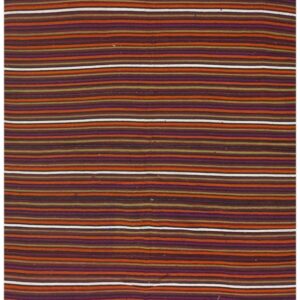 1950s Multicolor Ground Geometric Vintage Turkish Kilim Flatweave Square Rug