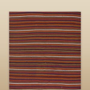 1950s Multicolor Ground Geometric Vintage Turkish Kilim Flatweave Square Rug