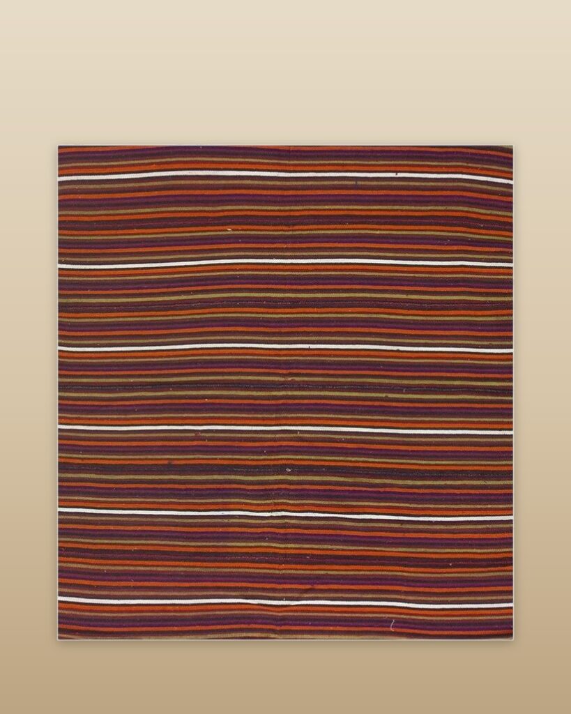 1950s Multicolor Ground Geometric Vintage Turkish Kilim Flatweave Square Rug