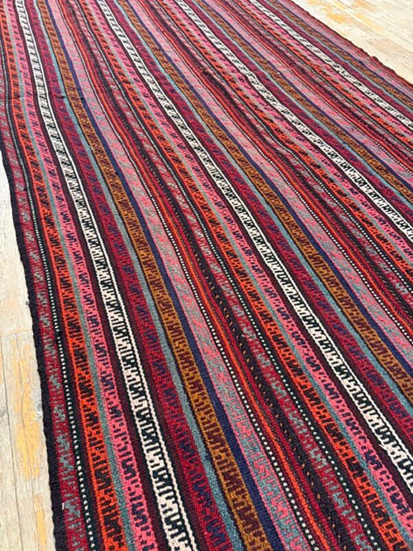 1950s multicolor ground mid-century modern turkish kilim handwoven runner rug 3 1950s multicolor ground mid-century modern turkish kilim handwoven runner rug - detail view 2