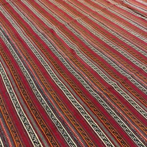 1950s Vintage Multi Red Stripe Modern Flatweave Decorative Turkish Kilim Rug - detail view 3