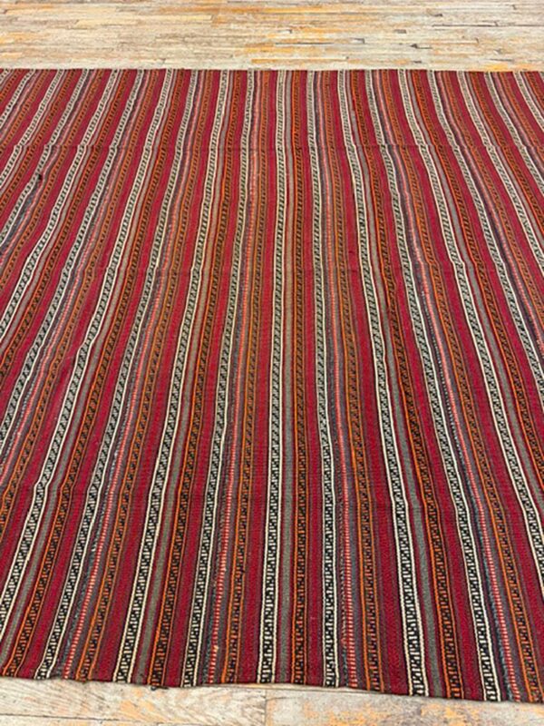 1950s vintage multi red stripe modern flatweave decorative turkish kilim rug 6 1950s vintage multi red stripe modern flatweave decorative turkish kilim rug - detail view 5