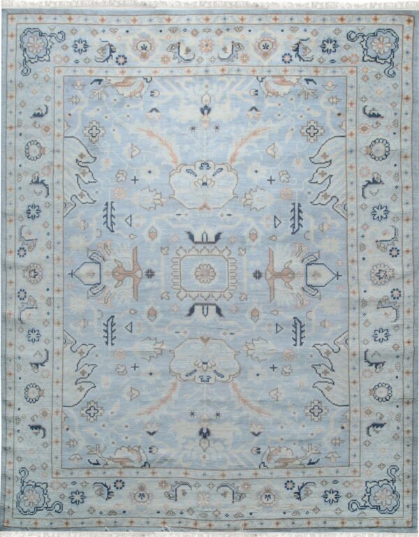 Captivating timeless light blue hand knotted wool rug 9 x 12, full view