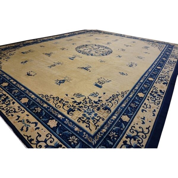 Chinese wool - peking rectangle room size ivory antique 1920s knotted rug 9 Chinese wool - peking rectangle room size ivory antique 1920s knotted rug - detail view 9