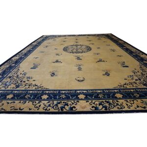 Chinese Wool - Peking Rectangle Room Size Ivory Antique 1920s Knotted Rug - detail view 4