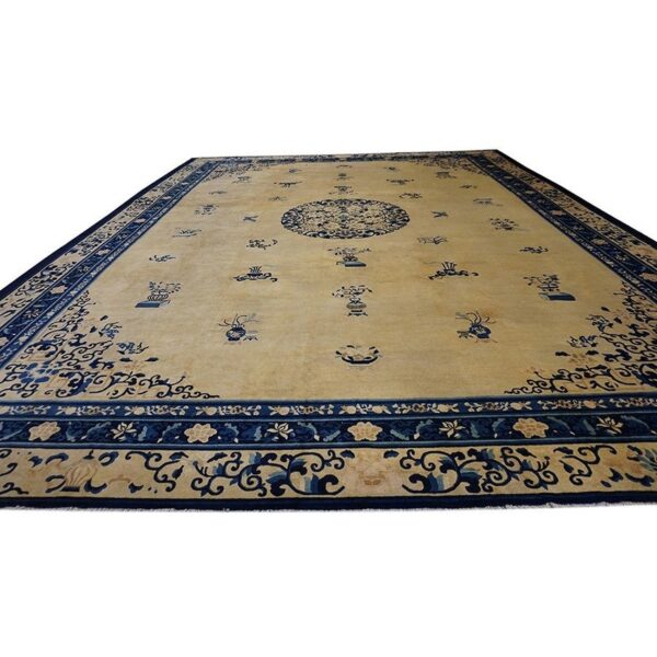 Chinese wool - peking rectangle room size ivory antique 1920s knotted rug 4 Chinese wool - peking rectangle room size ivory antique 1920s knotted rug - detail view 4