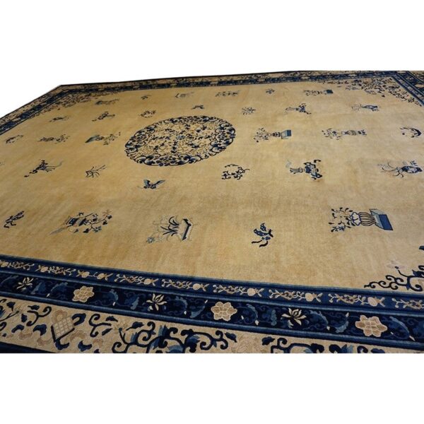 Chinese wool - peking rectangle room size ivory antique 1920s knotted rug 6 Chinese wool - peking rectangle room size ivory antique 1920s knotted rug - detail view 6