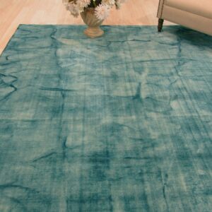 Dip Dyed Teal Handmade Wool Rug Abstract 8'x10' Carpet - detail view 3