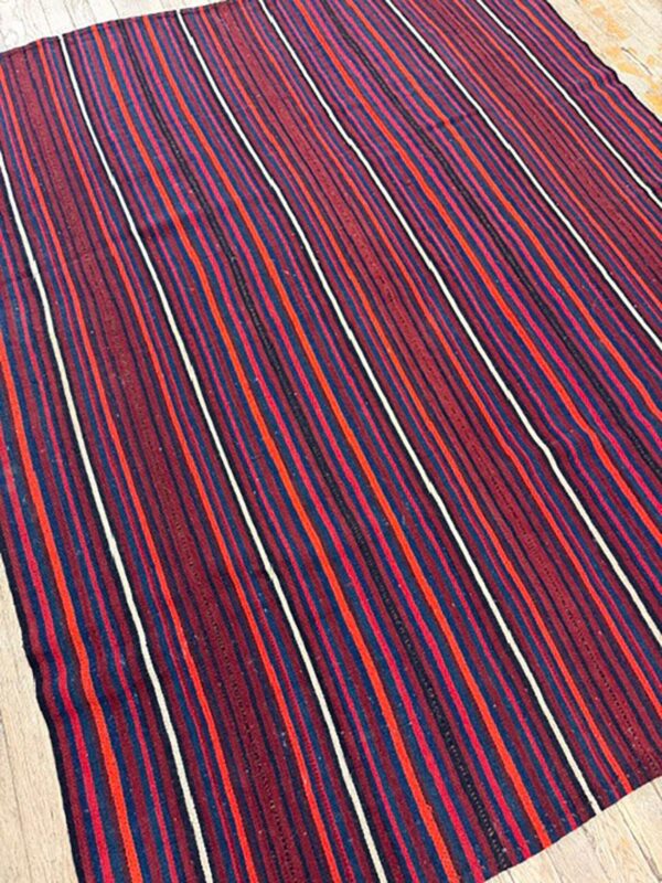 Mid-century modern multicolor stripe geometric turkish kilim handwoven small rug 3 Mid-century modern multicolor stripe geometric turkish kilim handwoven small rug - detail view 2