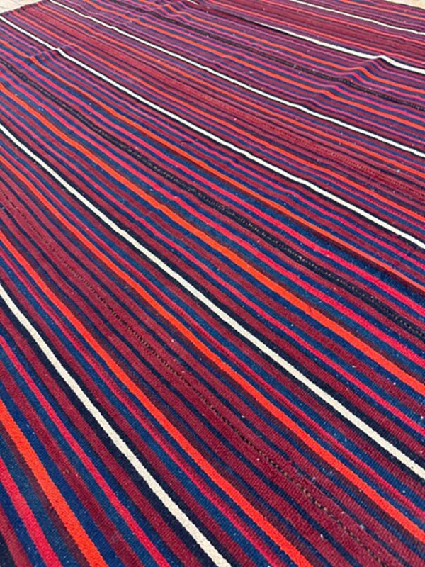 Mid-century modern multicolor stripe geometric turkish kilim handwoven small rug 5 Mid-century modern multicolor stripe geometric turkish kilim handwoven small rug - detail view 4