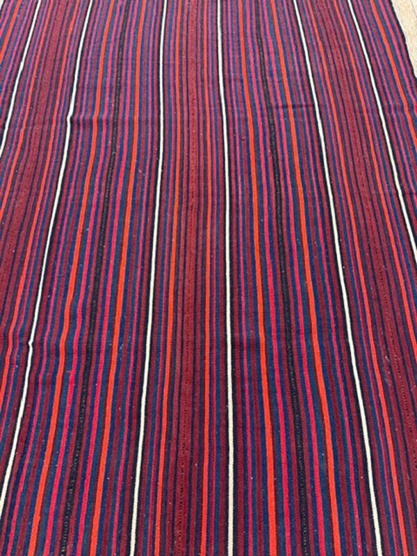 Mid-century modern multicolor stripe geometric turkish kilim handwoven small rug 6 Mid-century modern multicolor stripe geometric turkish kilim handwoven small rug - detail view 5