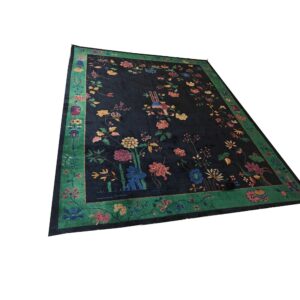 Navy Blue Antique Wool Pile Hand Knotted Chinese Art Deco Area Rug (SKU 26034) — styled