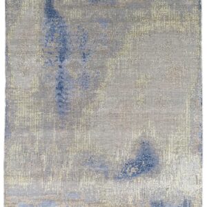 Steel blue and gray abstract hand knotted wool rug 8 x 10, full view