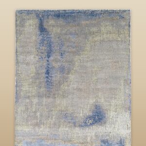 Steel blue and gray abstract hand knotted wool rug 8 x 10, full view