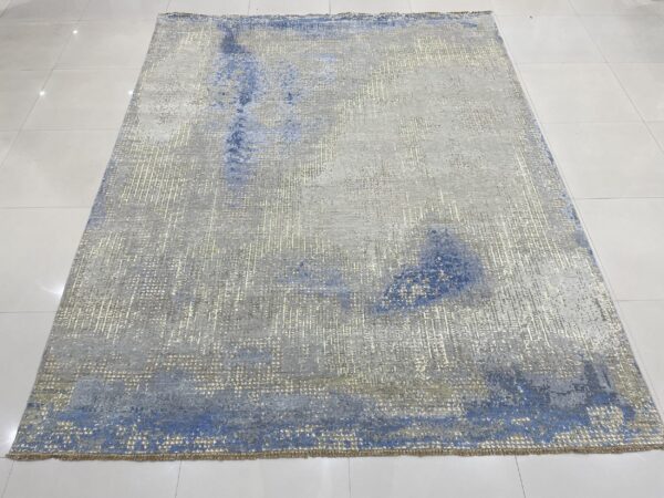 Steel blue gray abstract hand knotted wool rug 8 x 10 2 Steel blue and gray abstract hand knotted wool rug 8 x 10, angled floor view