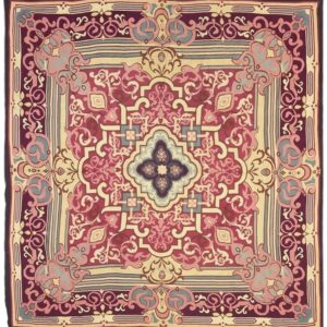 1840s Burgandy Field Classical Medallion Antique European Aubusson Square Rug