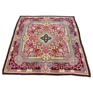 1840s Burgandy Field Classical Medallion Antique European Aubusson Square Rug - detail view 1