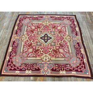 1840s Burgandy Field Classical Medallion Antique European Aubusson Square Rug - detail view 2