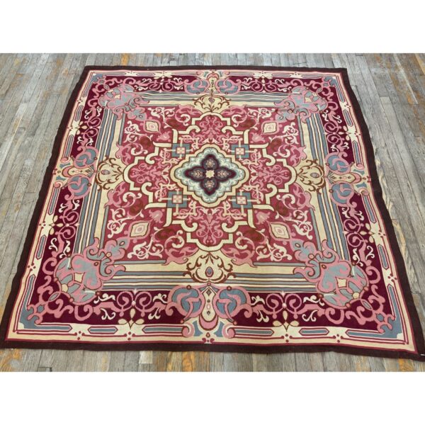 1840s burgandy field classical medallion antique european aubusson square rug 3 1840s burgandy field classical medallion antique european aubusson square rug - detail view 2