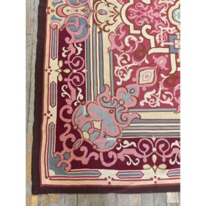 1840s Burgandy Field Classical Medallion Antique European Aubusson Square Rug - detail view 3