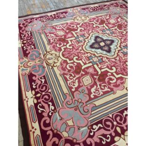 1840s Burgandy Field Classical Medallion Antique European Aubusson Square Rug - detail view 6
