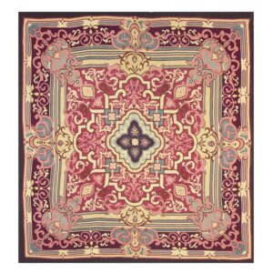 1840s Burgandy Field Classical Medallion Antique European Aubusson Square Rug - detail view 7