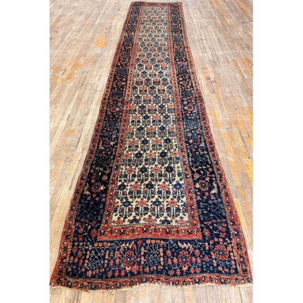 1860s ivory antique paisley geometric wool knotted bijar runner rug - detail view 1