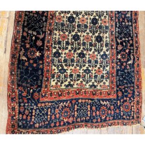1860s Ivory Antique Paisley Geometric Wool Knotted Bijar Runner Rug - detail view 4