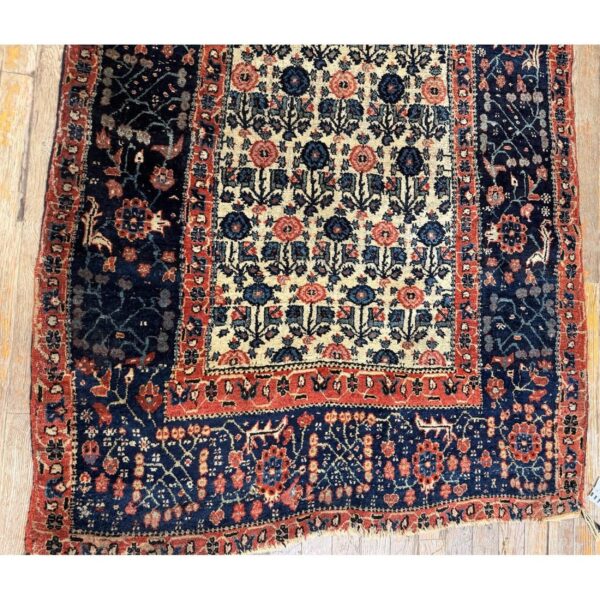 1860s ivory antique paisley geometric wool knotted bijar runner rug - detail view 4