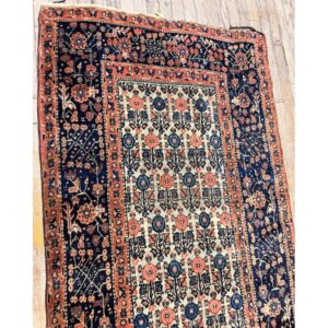 1860s Ivory Antique Paisley Geometric Wool Knotted Bijar Runner Rug - detail view 5