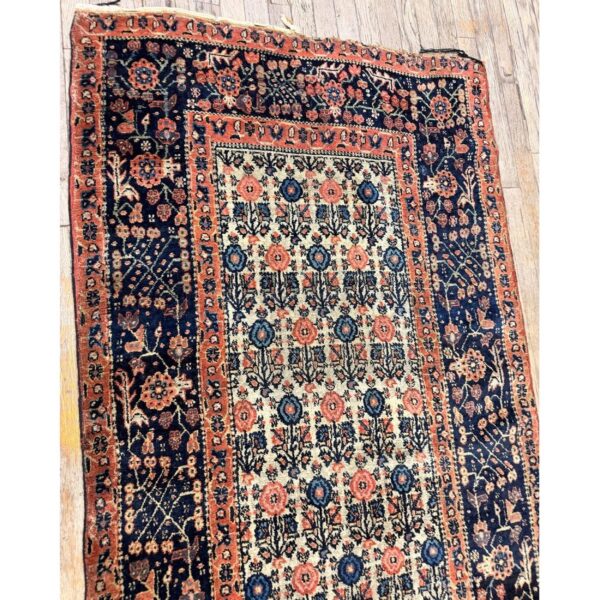 1860s ivory antique paisley geometric wool knotted bijar runner rug - detail view 5