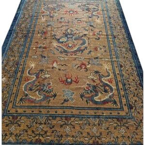 1880s Camel Field East Asian raditional Dragon Antique Chinese Silk Small Rug