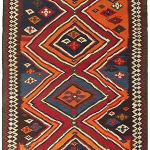 1900s Antique Multi Diamond Tribal Ghashghai Flatweave Kilim Rug 4' 9" X 9' 2"