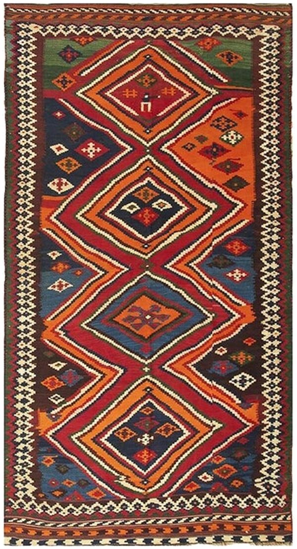 1900s antique multi diamond tribal ghashghai flatweave kilim rug 4' 9" x 9' 2"